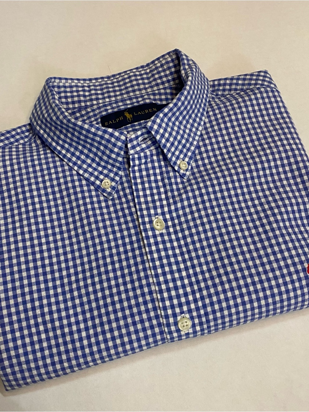 Ralph Lauren Men’s Blue Seersucker Gingham Short‑Sleeve Button‑Down Shirt XL - Picture 2 of 10